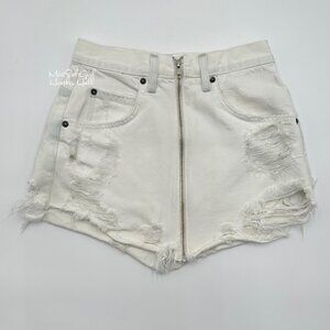 Carmar White Distressed High-Waisted Denim Skirt with Front Zipper Closure